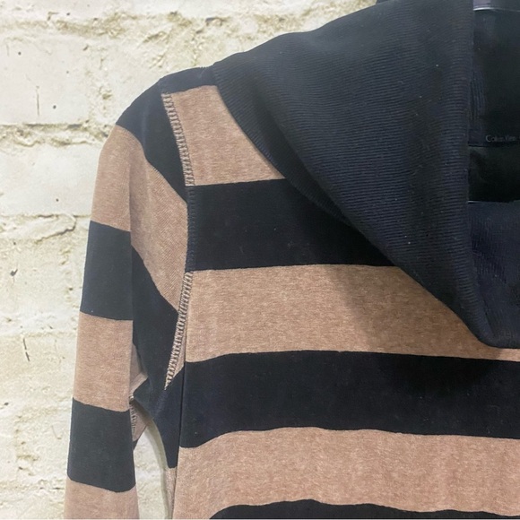 Calvin Klein Performance Black Tan Striped Velour Cowl Neck Sweater - Picture 2 of 7